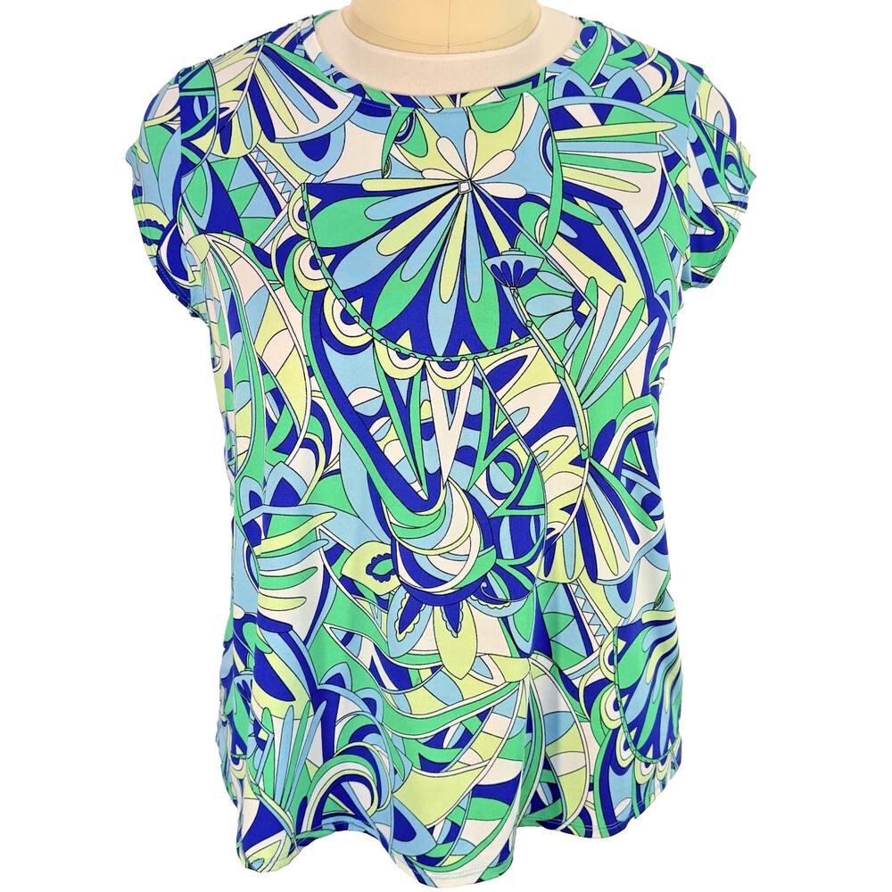 Blue Sol Tee Shirt Women's 1X 60's Floral Round Neck Cap Sleeve Stretch Knit